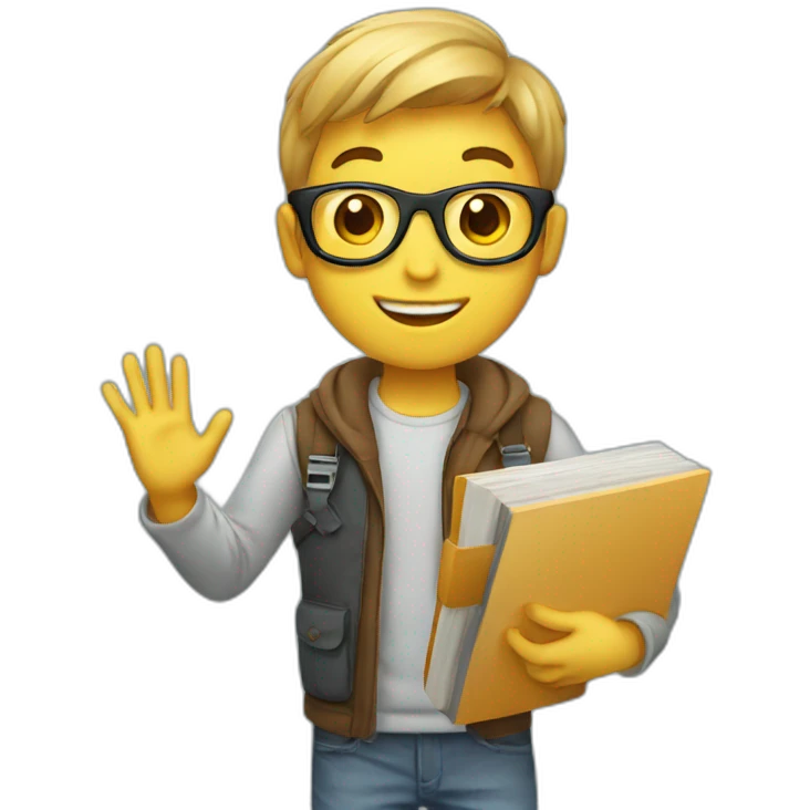 boy designer holding laptop and book waving hi emoji