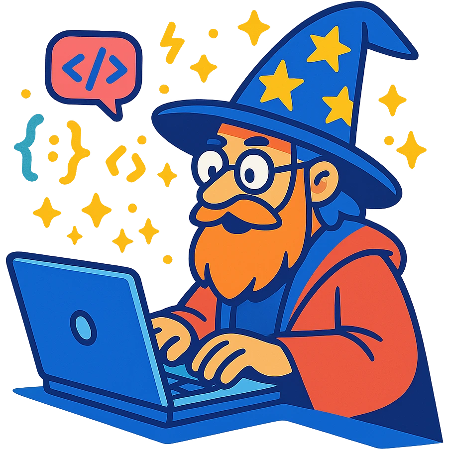 wizard coder wearing a robe and wizard hat typing on a laptop with magical code symbols floating around, vibrant toon style, cartoonish, colorful, dynamic emoji
