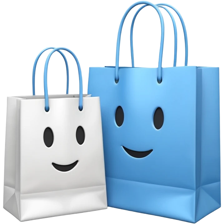 A 3D emoji of two white paper shopping bags, one large and one small, standing next to each other. Soft studio lighting, smooth 3D rendering, claymorphism style, minimalist design, cute, high resolution, isolated on a white background. emoji