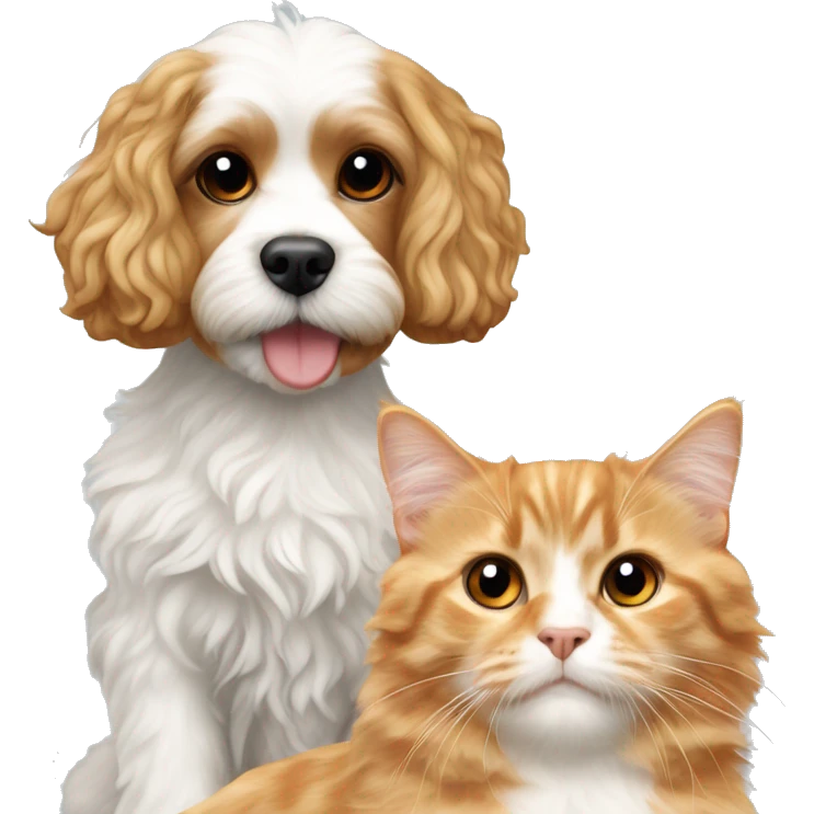 blonde cavapoo next to a black, orange, and white colored calico cat emoji