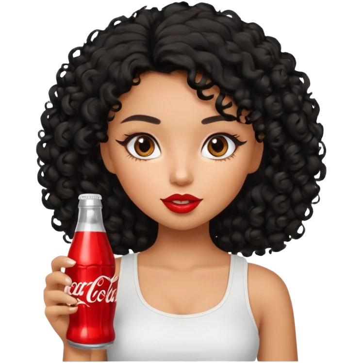 a pretty tan bratz girl with black curly hair drinking coca cola. minimal makeup. white top emoji