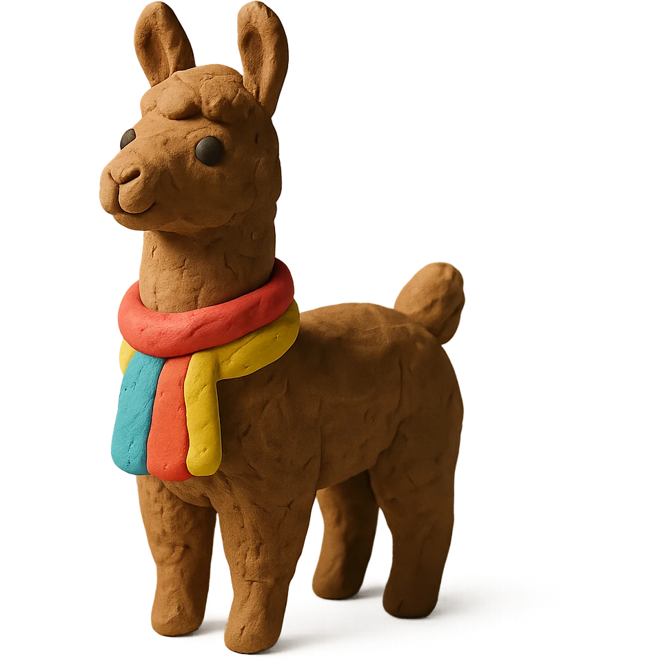 llama in claymation style wearing a colorful scarf with a matte finish emoji