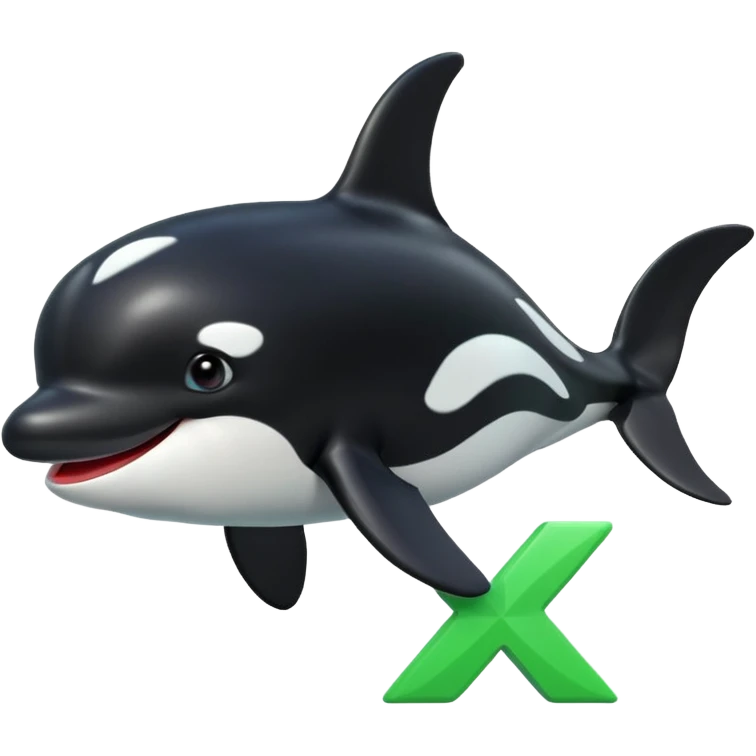 3d Cartoon orca with a green checkmark next to it emoji