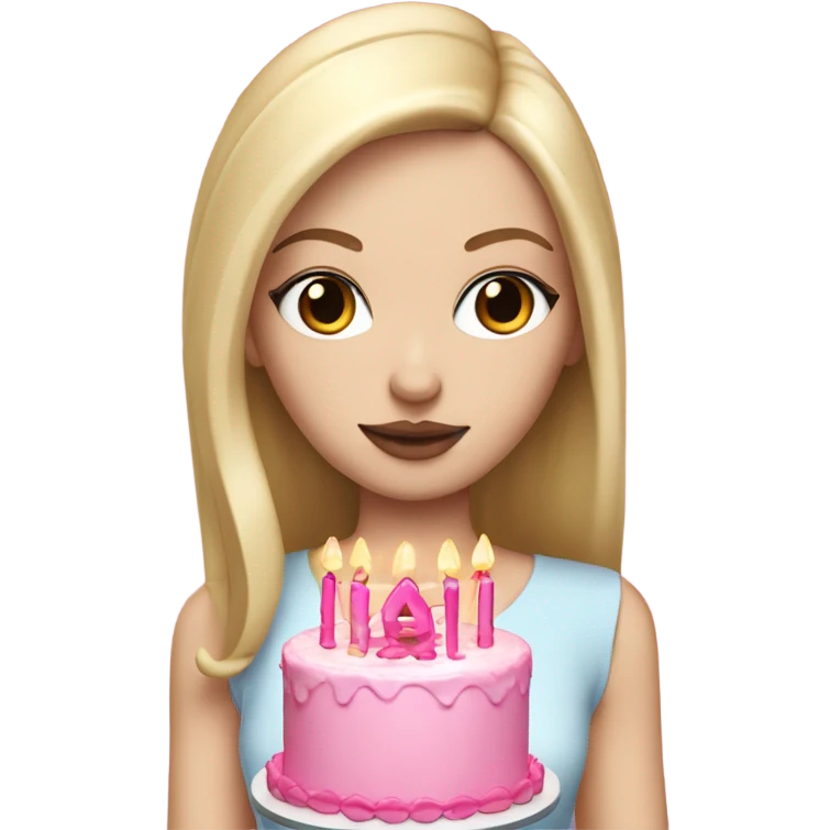 White girl with blonde straight hair, pink lips, dark eyes, white and pink birthday cake in hands emoji