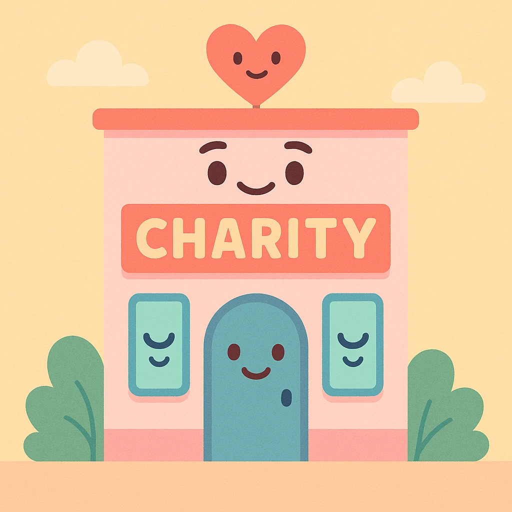charity building, soft pastel colors, friendly emoji