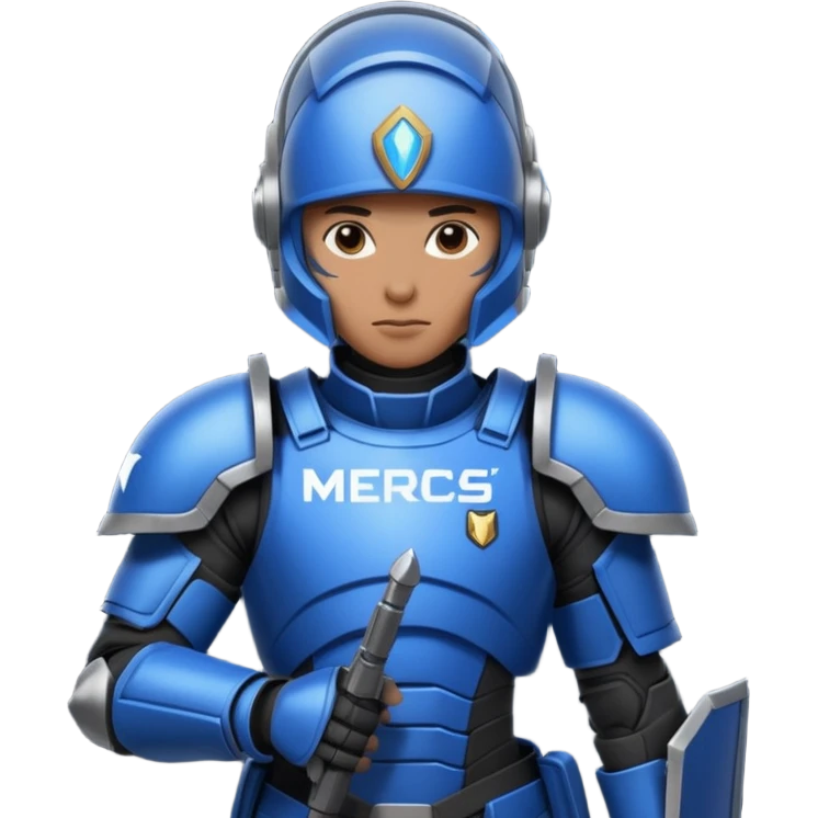 a scifi soldier in blue and black holding a sign saying Mercs, under this scifi in blue and black holding a sign is the text we are the best. in gif emoji