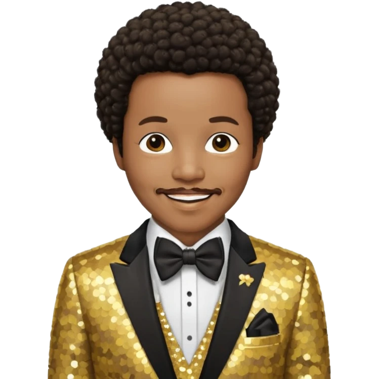 Quincy Jones with dark brown short afro hair, gold sequin suit with bow tie  emoji