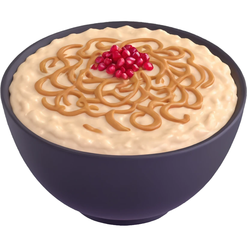 bowl of creamy oatmeal topped with swirls of peanut butter, shredded coconut, and ruby red pomegranate seeds emoji