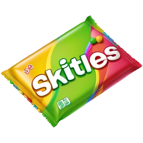 Minimalist flat design of a Skittles package. Rainbow colored simple rectangular package with just a few green round candies. Clean lines and minimal details. emoji