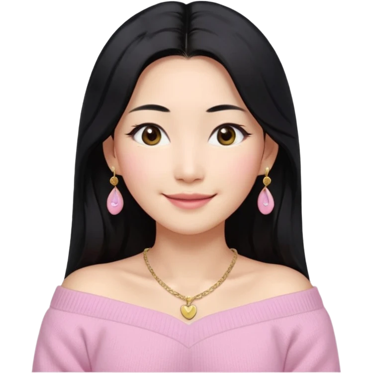 South Korean girl in her mid-thirties with long black hair and a middle part. She is wearing a baby pink, off the shoulder long sleeve knit sweater. She has small gold earrings and a gold necklace. She has brown eyes with narrow, mono lid shape and smiling with lips together emoji