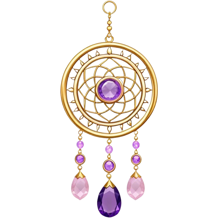 Epic Hanging gold suncatcher, threads with shiny sparkly amethyst and rose-quartz gemstones,  emoji
