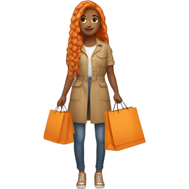 Tan girl with long orange hair wearing cute outfit holding shopping bags emoji