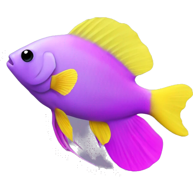 royal gramma tiny fish with purpleish pink front face and half front of body, neon yellow back half and black dot on top fin emoji