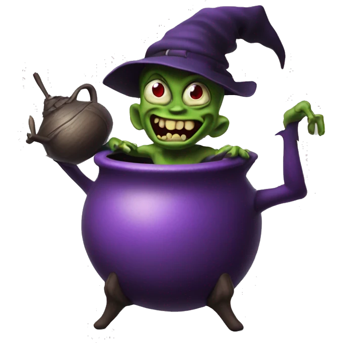 A purple goblin dancing around a witches kettle emoji