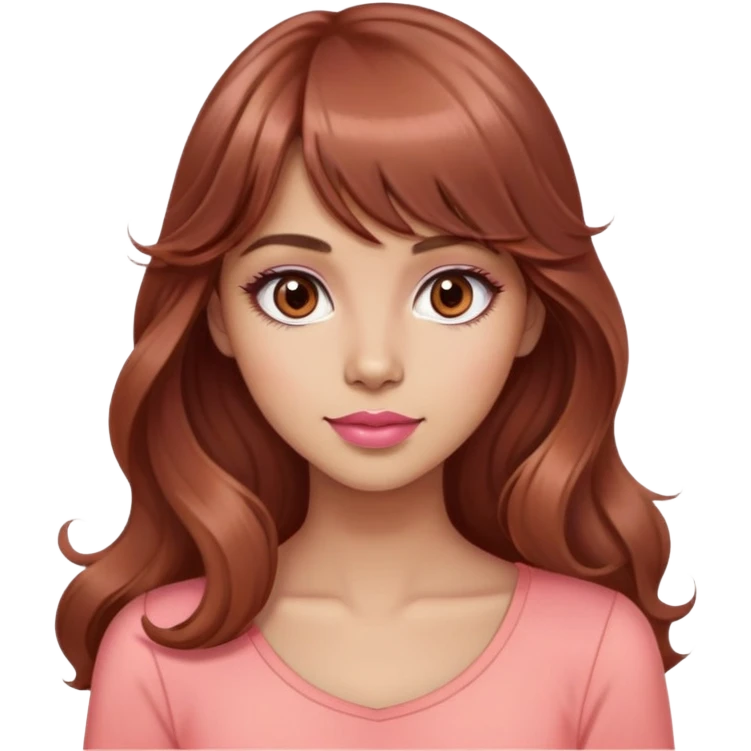 cute woman, light tan skin, big brown eyes, very long wavy auburn hair, bangs, pink top, coral lipstick emoji