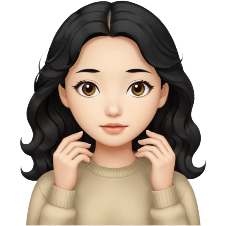 Beautiful girl,Black hair, wavy long hair,Black eyes,Chinese, beige sweater  emoji