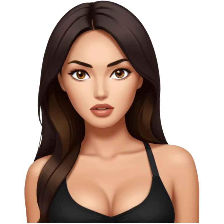 Megan fox, fashion model Beautiful woman model adult   large breasts  with monolid narrow dark brown eyes tan  skin, full lips  long hair model with black top   emoji
