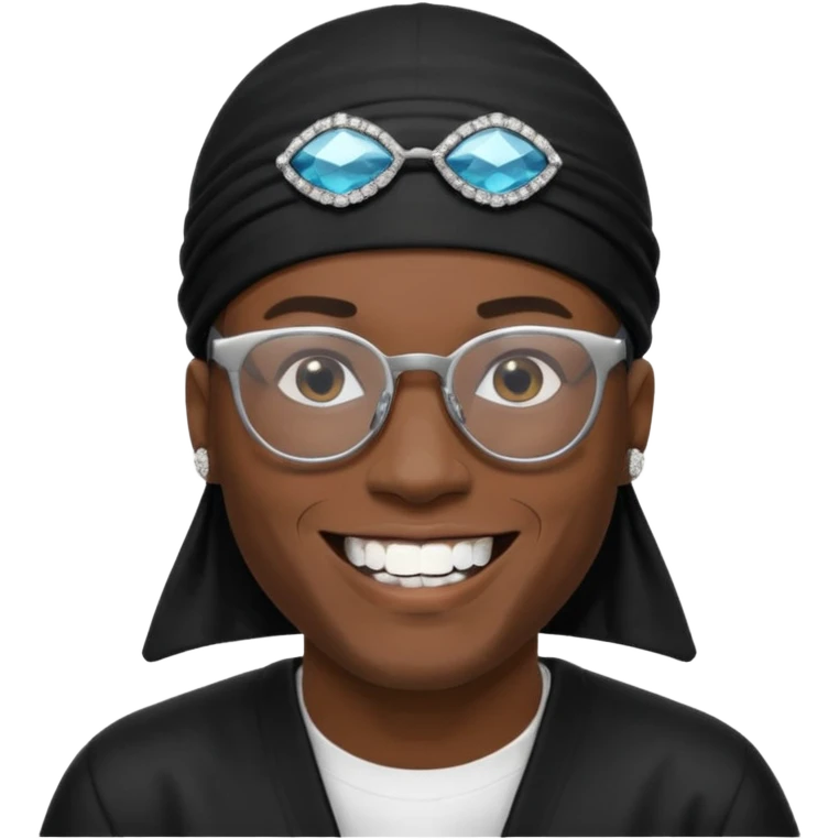 man with black durag,glasses, and smiling with diamond grillz on his teeth  emoji