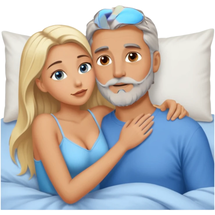 Cuddling Man with hazel eyes and gray beard kissing sexy  blonde blue-eyed  woman in bed emoji