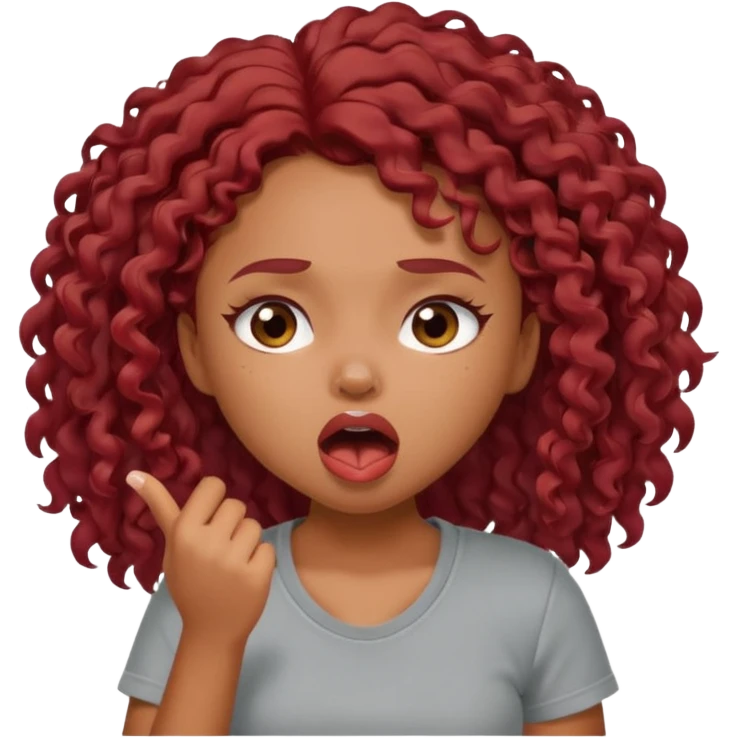 generate a pretty bratz brown skinned girl curly dark red hair, yawning in a grey tshirt bored. emoji