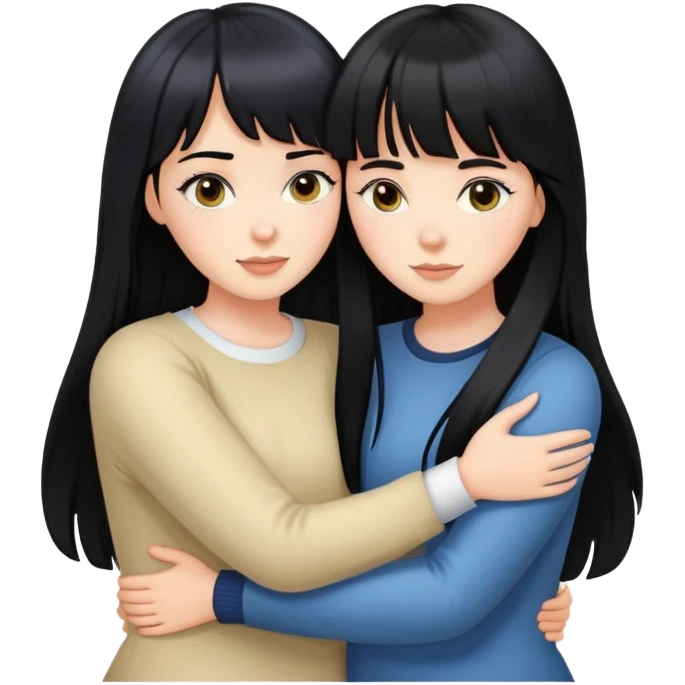 two white girls with long black hair hugging each other, one with bangs emoji