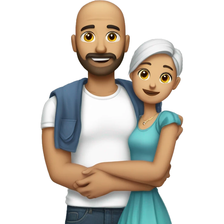 Indian Beard guy with bald head in a tshirt and jeans hand hugging  girl with with a dress  emoji