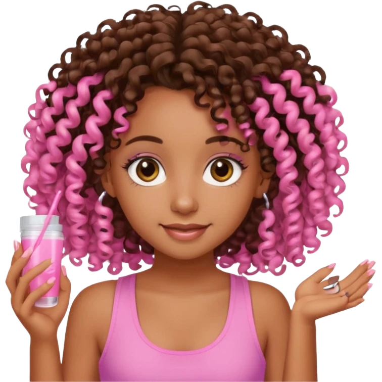 Uma menina com o cabelo cacheado é morena, e com uma regata rosa com unha em gel, é com Baby hair.  emoji