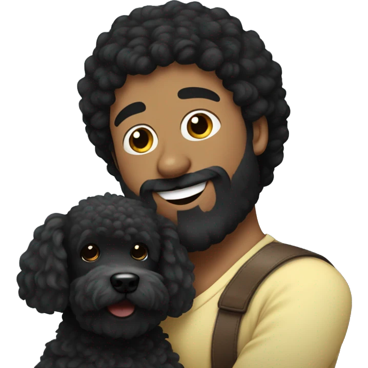 Black haired guy with beard hugs black poodle dog  emoji