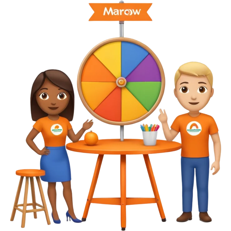 emoji of a recruitment booth. Two cartoon figures stand behind an orange table with 'MARROW, be a match' branding, a colorful spinning wheel, and a branded vertical banner. Simplified and cute. There should not be fruit in the picture.  emoji