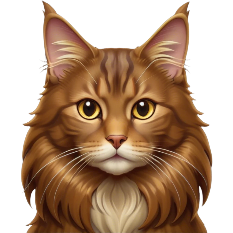 Cinematic Brown Maine Coon Cat Portrait Emoji, Elegant and alert, sleek brown and gold tones with hints of deep auburn, Simplified yet sharp features, highly detailed, glowing with a warm, confident glow, high shine, intelligent and poised with an air of wisdom, stylized with an air of grace, focused and attentive with a calm, old soul expression, soft glowing outline, capturing the essence of experience and majesty, so lifelike it feels as though it could spring into motion at any moment, radiating wisdom and grace. emoji