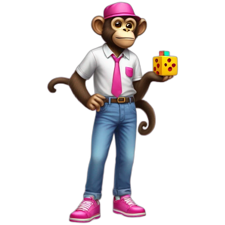 Monkey with hat glazzes a shirt and pants and pink shoes and a Rubix cube in hes hands emoji