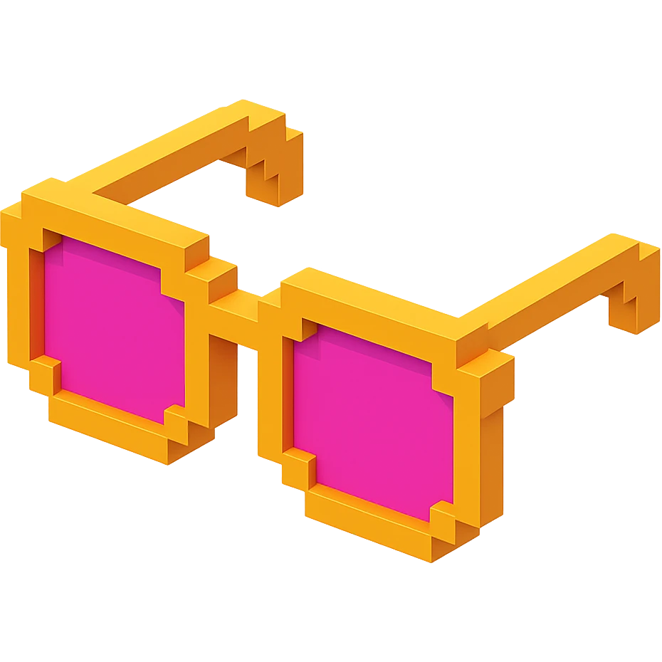 Voxel-style pink glasses with pink lenses, no background, following the silhouette from the reference image, with a different color scheme. emoji