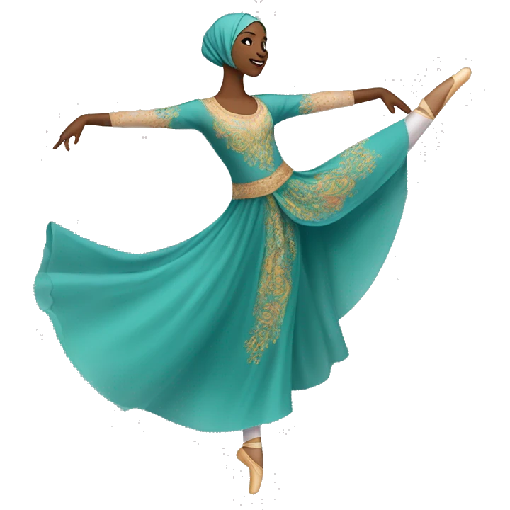 A hijabi ballet dancer emoji, mid-pose in an arabesque, wearing a flowing ballet dress and matching hijab, with delicate ballet slippers, vibrant colors, and intricate details on a transparent background.







 emoji