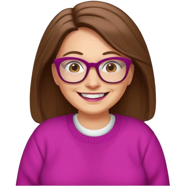 50 yr Caucasian woman, long brown hair parted on side, brown eyes, glasses, big smile, white teeth, fuscia sweater, chubby emoji