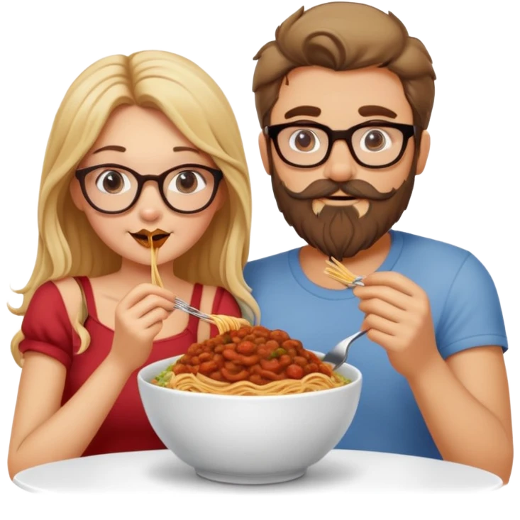 Blonde Caucasian girl eating spaghetti lady and the tramp style with Caucasian man with brown hair and beard wearing glasses emoji