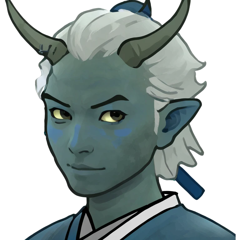 Samurai boy blue skin and blue horns and white hair emoji