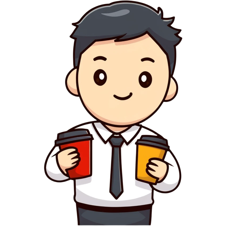 Tired Korean male office worker with coffee emoji