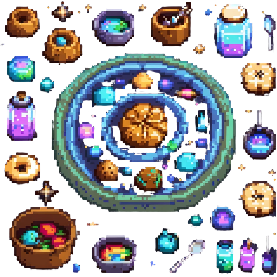 An interstellar baker crafting cookies in zero gravity, using stardust and planetary spices. The kitchen orbits a nebula, with floating tools and anti-gravity dough. UI features galactic swirls, shimmering constellations, and planetary icon emoji