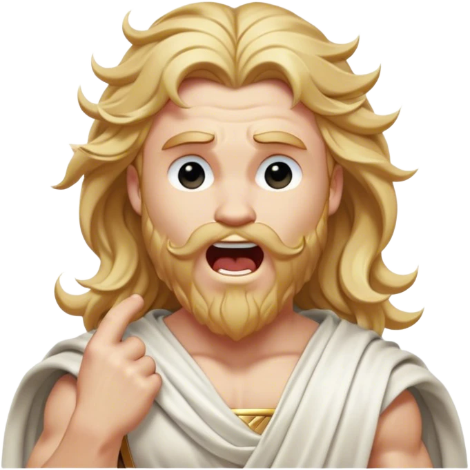 Cinematic Realistic Thor Portrait, head tilted slightly with a dramatic, wide-open yawn, revealing a moment of unguarded human vulnerability amidst his divine stature. His fair, luminous skin and elegantly styled, wavy golden hair maintain their sculptural perfection even in repose. Dressed in a flowing white toga with understated golden accents, the portrait is bathed in soft natural light, capturing a rare glimpse of relaxed, timeless strength from a Greek god reborn. emoji