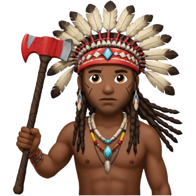Black American man dark brown with dreads with a American Indian headdress throwing a axe emoji