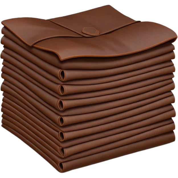 Apple-style 3D emoji of stacked folded sheets of leather fabric, soft but thick texture, dark brown or black, neat industrial look, shown like folded textile. emoji