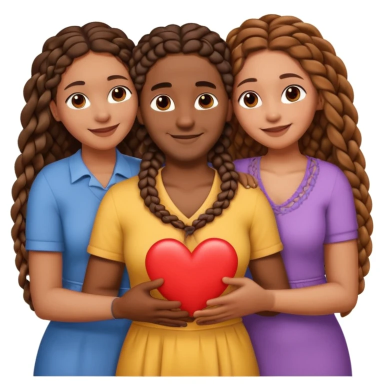 A throuple, with one tall large brown skinned black man with a low cut, a brown skinned large woman with long hair, and a brown skinned woman with braids, embracing each other, heart emoji emoji