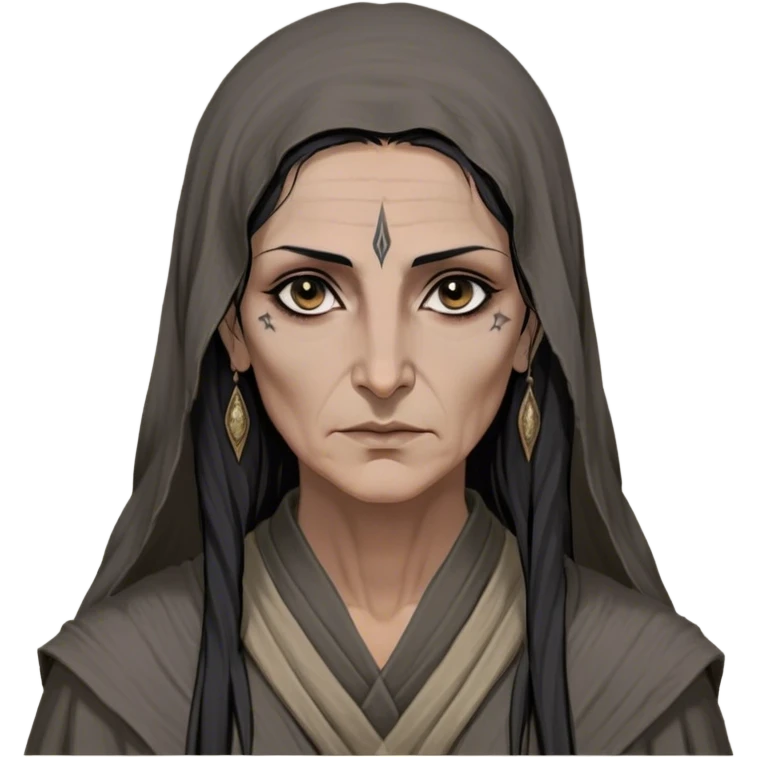 Mirri Maz Duur is a weathered, age 55 Lhazareen woman with deep-set dark eyes, high cheekbones, and a sharp nose, giving her a stern, knowing expression. Her long, unkempt dark hair streaked with gray falls loosely over her shoulders, and her earth-toned, tattered robes mark her as a humble healer. Despite her frail appearance, she exudes an aura of mystery and menace, her hands stained with herbs and blood from both healing and dark sorcery. emoji
