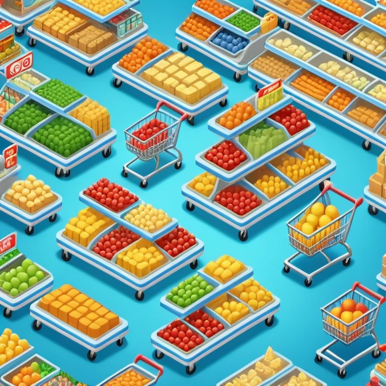 Isometric supermarket with food aisles and shopping carts emoji