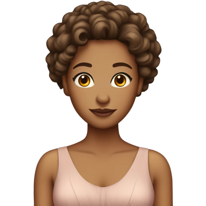 woman with tan skin, brown eyes, curly hair, and a pretty dress stading emoji
