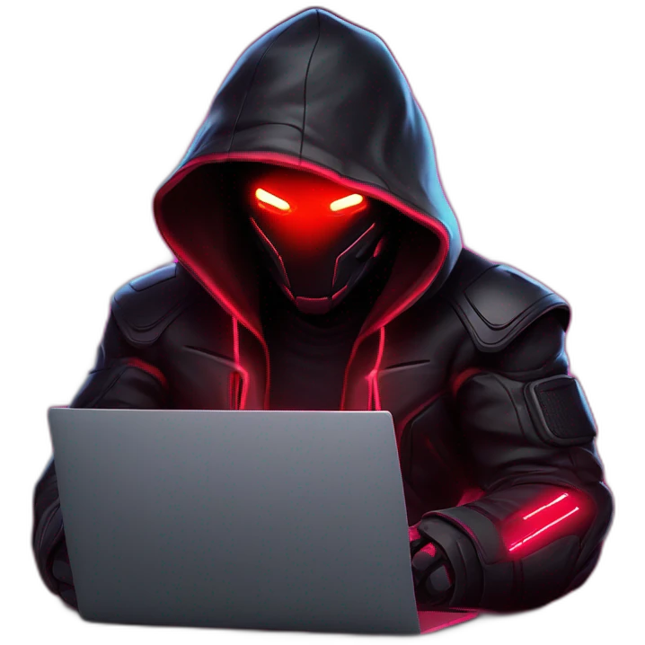 developer behind his laptop with this style : Crytek Crysis Video game neon glowing bright red character red black hooded hacker themed character emoji