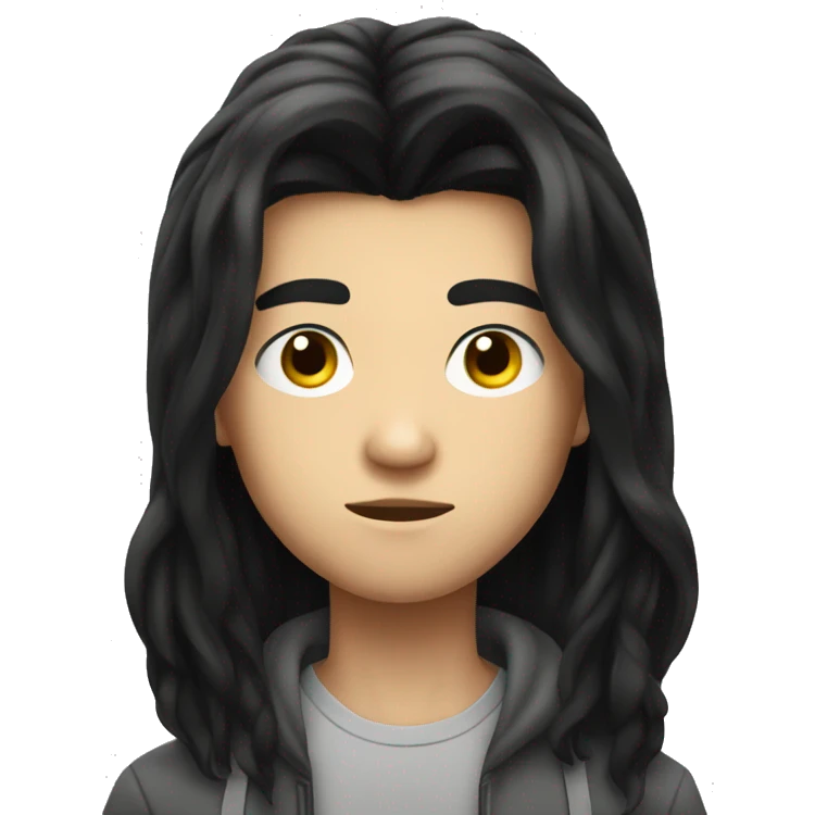 Long black hair teenager boy serious face emoji
