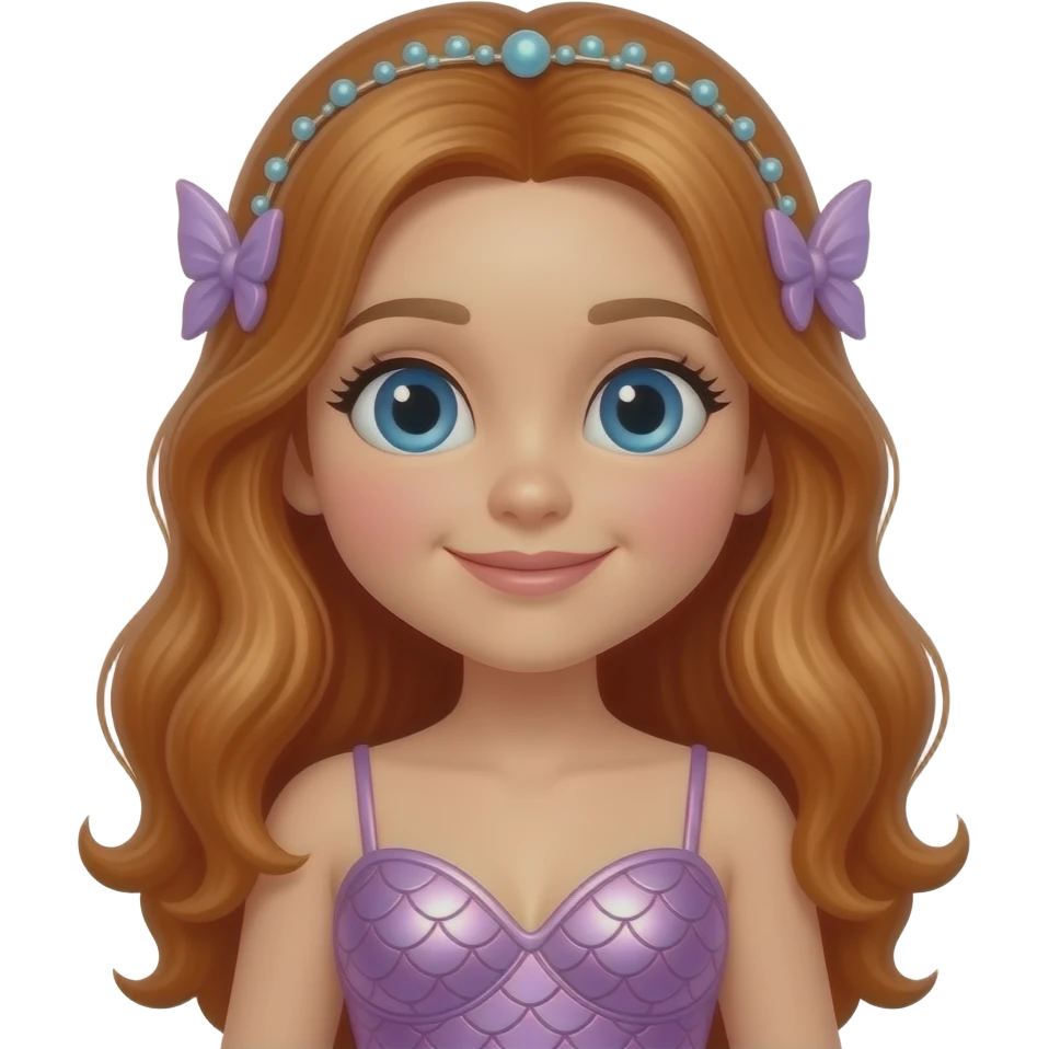 Bubbles the Mermaid from The Wiggles with blue eyes, long reddish blonde hair, lilac mermaid headdress, lavender pink metallic mermaid dress emoji