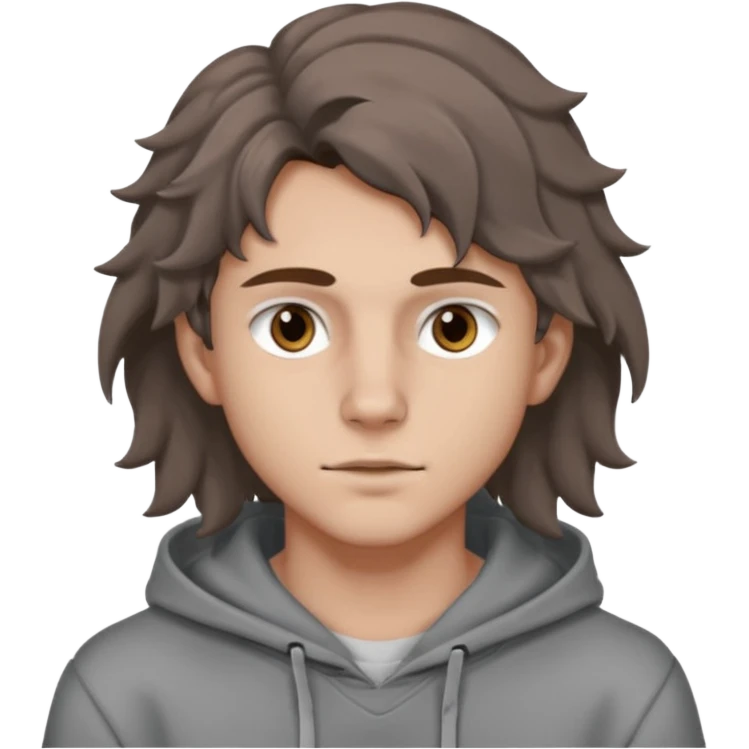 18 year old boy siren eyes good jawline with grey hoodie and long brown wavy wolf cut hair emoji