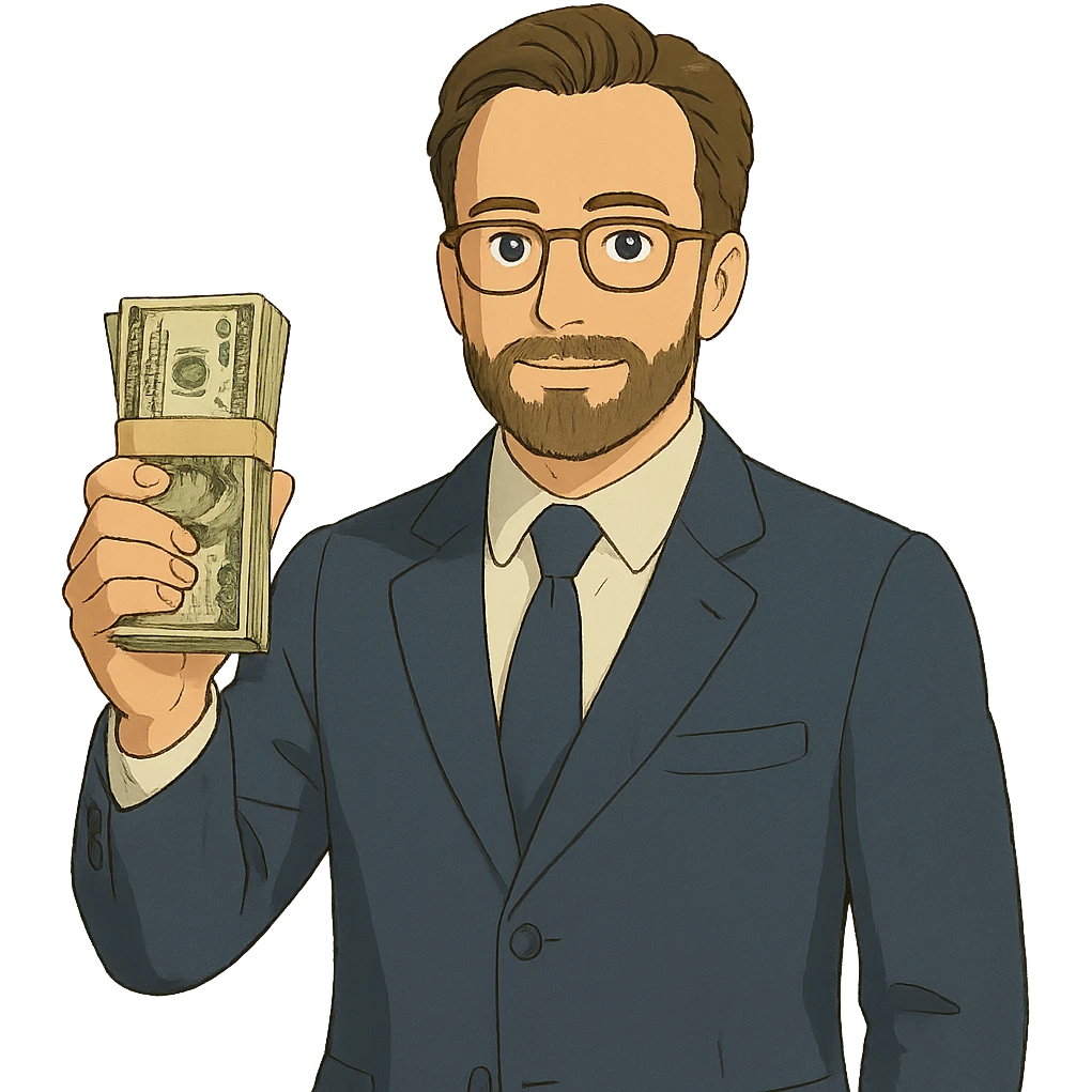 ghibli style illustration of Nikolai Astrup, Norwegian politician, holding a pack of money in his hand emoji